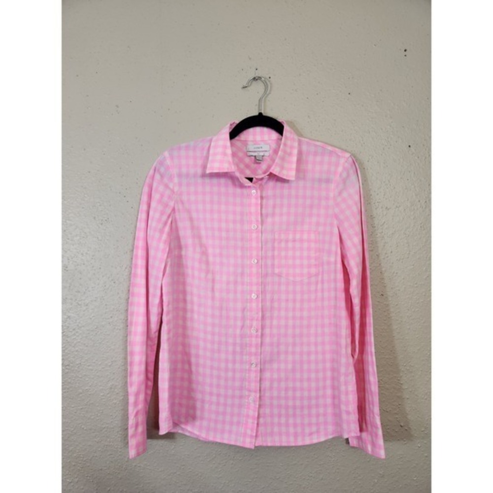 J. Crew Gingham Shirt Pink Button Down Long Sleeve Cotton Top Boy Fit Size 2
